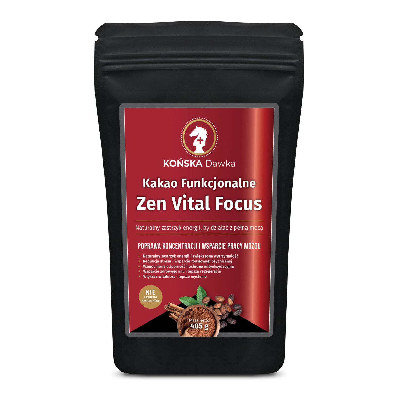 Oryginalne opakowanie Kakao Zen Vital Focus marki Końska Dawka, 405 g