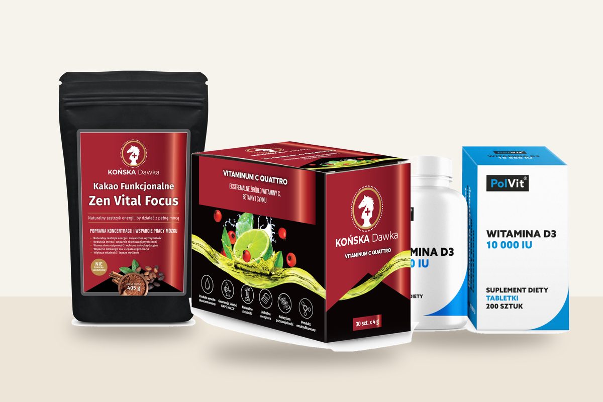 Zestaw trzech produktów: Kakao Zen Vital Focus, Witamina C Quattro i Witamina D3 PolVit